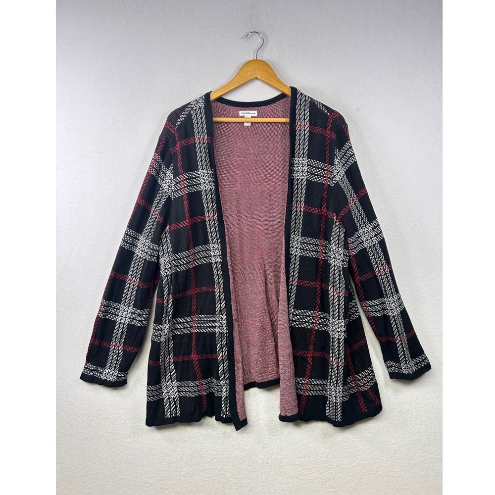 Croft and Barrow Womens Plaid Open Front Cardigan Sweater Black‎ Red White 2X